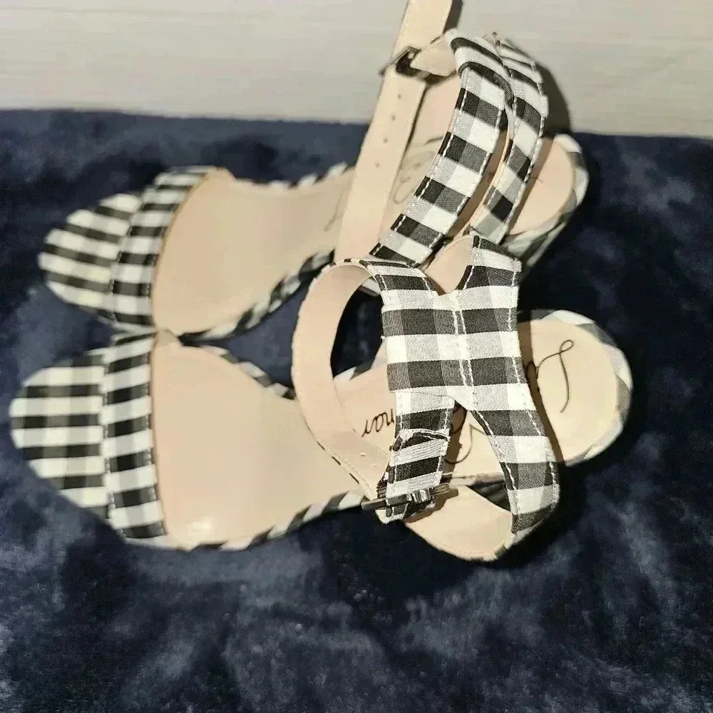 Libby Edelman Women's Strappy Gingham Block Check Heel Platform Sandals Sz 8